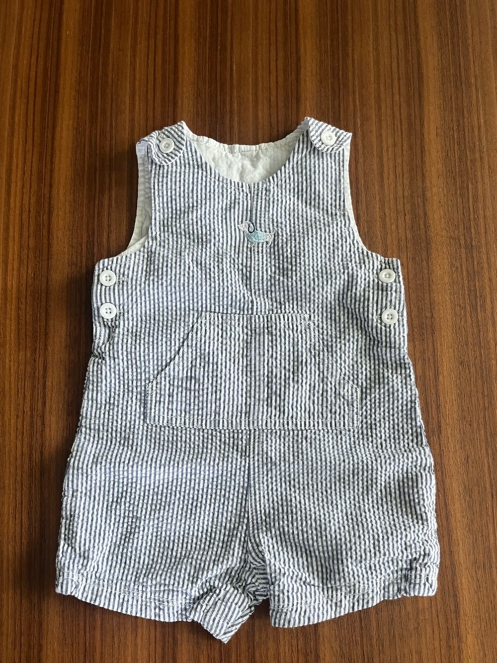 Pin Striped Infant Boys Blue White Romper Kangaroo Pocket Snap Bottom